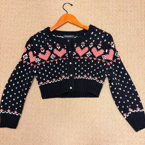 Betsey Johnson Y2K 90s Cropped Heart Knit Cardigan Black Pink – S - Picture 2 of 10